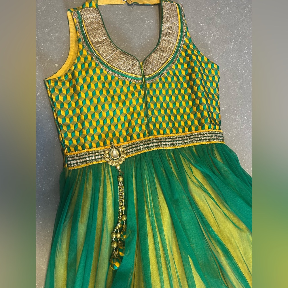 Beautiful green yellow halter neck long dress indian traditional wear kids